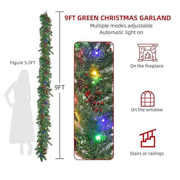 HOYECHI SET OF 2 PRELIT CHRISTMAS GARLANDS – 9FT EACH WITH 50 LED LIGHTS & RED BERRIES, BATTERY POWERED WITH 8 LIGHTING MODES, HOLIDAY GARLAND FOR STAIRS, FIREPLACE, DOOR FRAME