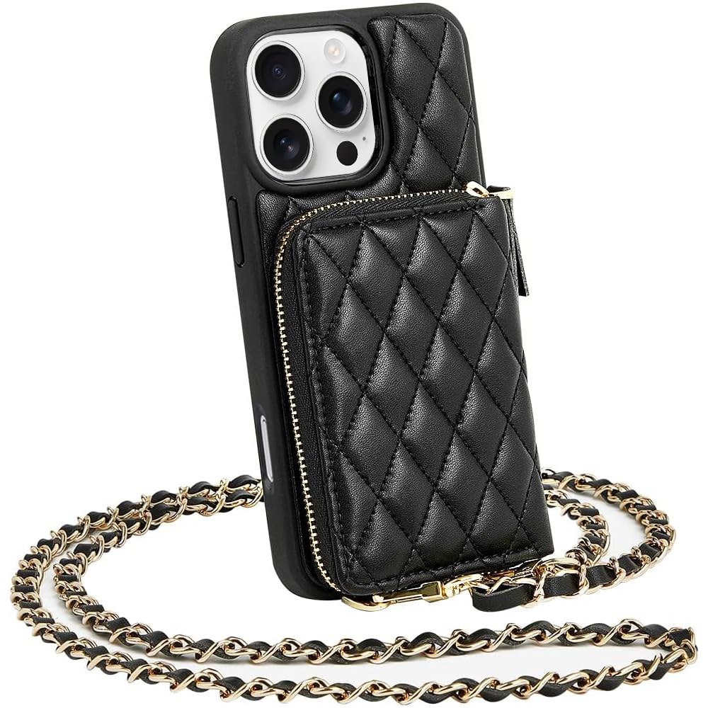 LAMEEKU Compatible with iPhone 16 Pro Max Wallet Case with Card Holder, Quilted Leather Crossbody Zipper Case for Women for iPhone 16 Pro Max 6.9'' Black