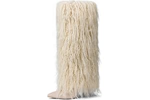 INSMIA Womens Furry Boots Knee High Fold Over Tall Boot Wide Calf Pointed Toe Stiletto High Heel Fall Winter Boots for Women