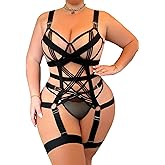 WDIRARA Women's Exotic Strappy Harness Hollow Out Underwired 4 Piece Lingerie Set