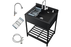 JINRRENYI 33inch Stainless Steel Freestanding Utility Sink with Cold and Hot Water Faucet, Commercial Kitchen outdoor Sink with Hoses and Drain Kit, Laundry sink For Bathrooms, Backyard, Bar