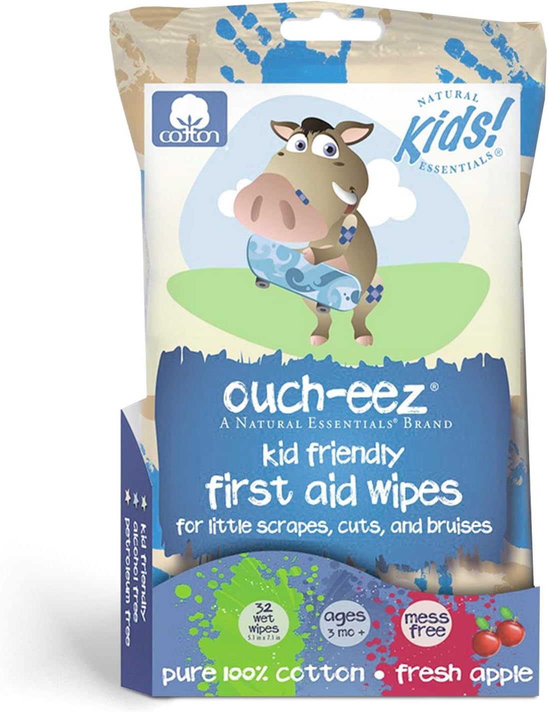 Natural Essentials - Ouch-eez, Kid Friendly First Aid 100% Cotton Wipes, 32-Count, Fresh Apple Scent For Little Scrapes, Cuts and Bruises, Ages 3 Months & Up