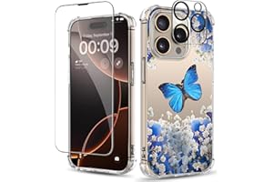 ilnehc for iPhone 16 Pro Max Case,[3 in 1] with Screen Protector & Camera Lens Protector, Flower Pattern Design,Clear Soft Shockproof Slim Floral Phone Cover for Women Girls 2024 6.9"(Butterfly/Blue)