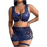 SOLY HUX Women's Plus Size Sexy Lace Lingerie Tie Up Bra Panty with Fishnet Stockings 5 Piece Set