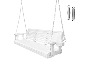FORTUNE CANDY Wooden Porch Swing 3-Seater, Bench Swing with Cupholders, Hanging Chains and 7mm Springs, Heavy Duty 800 LBS, for Outdoor Patio Garden Yard (White - 5 feet)