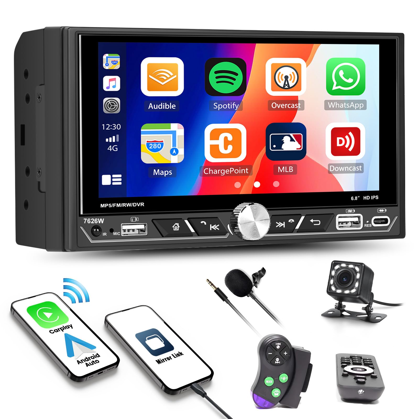 Photo 1 of Double Din Car Stereo Radio with Wireless Apple Carplay/Android Auto 6.8 Inch IPS Touchsreen with Mirror Link,Bluetooth,FM/AM/RDS/EQ,USB/TypeC/AUX,SWC,Waterproof Backup Camera& MIC