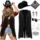 Tiamon Western Costume Accessories for Women Cowgirl Tassels Fringe Vest Cowboy Hat Rhinestone Earrings Glasses Paisley
