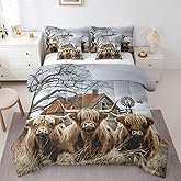 Erosebridal 7Pcs King Size Highland Cow Comforter Sets with Sheets Rustic Farmhouse Decor Bedding Bed-in-a-Bag(1 Comforter, 1 Flat Sheet 1 Fitted Sheet 2 Pillowcases and 2 Throw Pillow Covers)