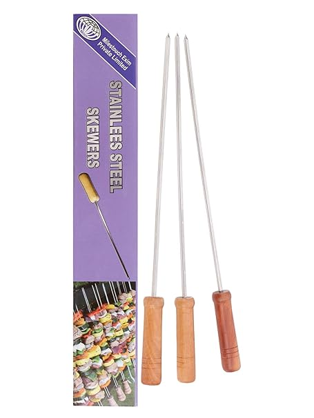 Milestouch 3- Skewers Stainless Steel With Wood Handle For Tandoor (Set Of 3,Silver)