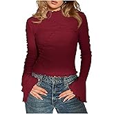 WDIRARA Women's Plus Size Lettuce Trim Long Bell Sleeve T Shirts Mock Neck Tee Fitted Tops