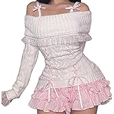 Y2k Off The Shoulder Sweater for Women Lolita Cute Bow Front Lace Trim Knit Pullover Kawaii Long Sleeve Jumper Tops