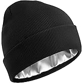 Satin Lined Beanie for Women Men, Cotton Knit Winter Hat Silk Lining Soft Warm Cuffed Fisherman Beanies Hats Skull Cap
