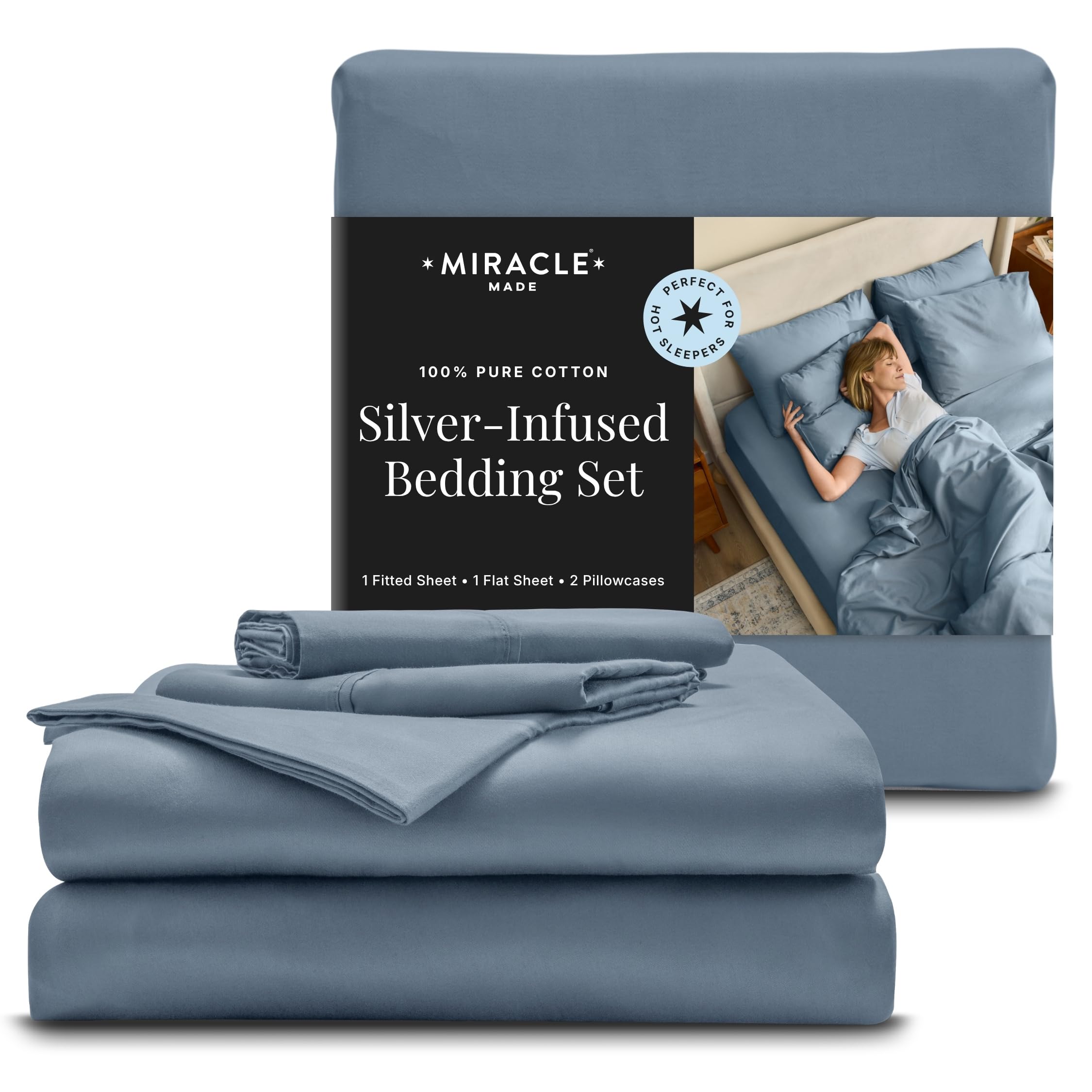Photo 1 of Miracle Made Breathable Cotton Bed Sheets, 4-Piece Set – Silver-Treated, Soft and Cool-to-the-Touch Lightweight Bedding Designed for Hot Sleepers – Queen Size, Slate Blue