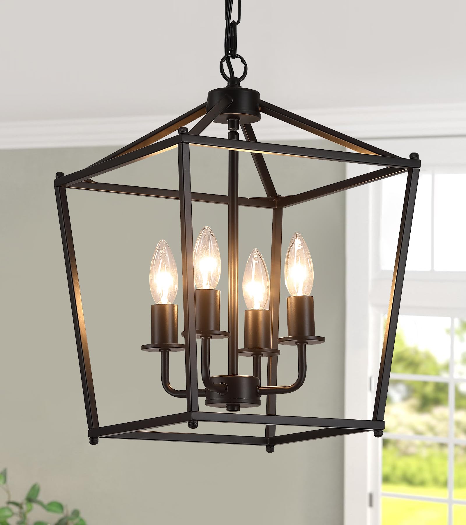Photo 1 of AMZASA UL Listed Black Industrial 4 Light Lantern Chandelier Ceiling Light Fixtures Farmhouse Metal Cage Rustic Geometric Pendant Light for Kitchen Island Entryway Dining Room Stairs and Hallway