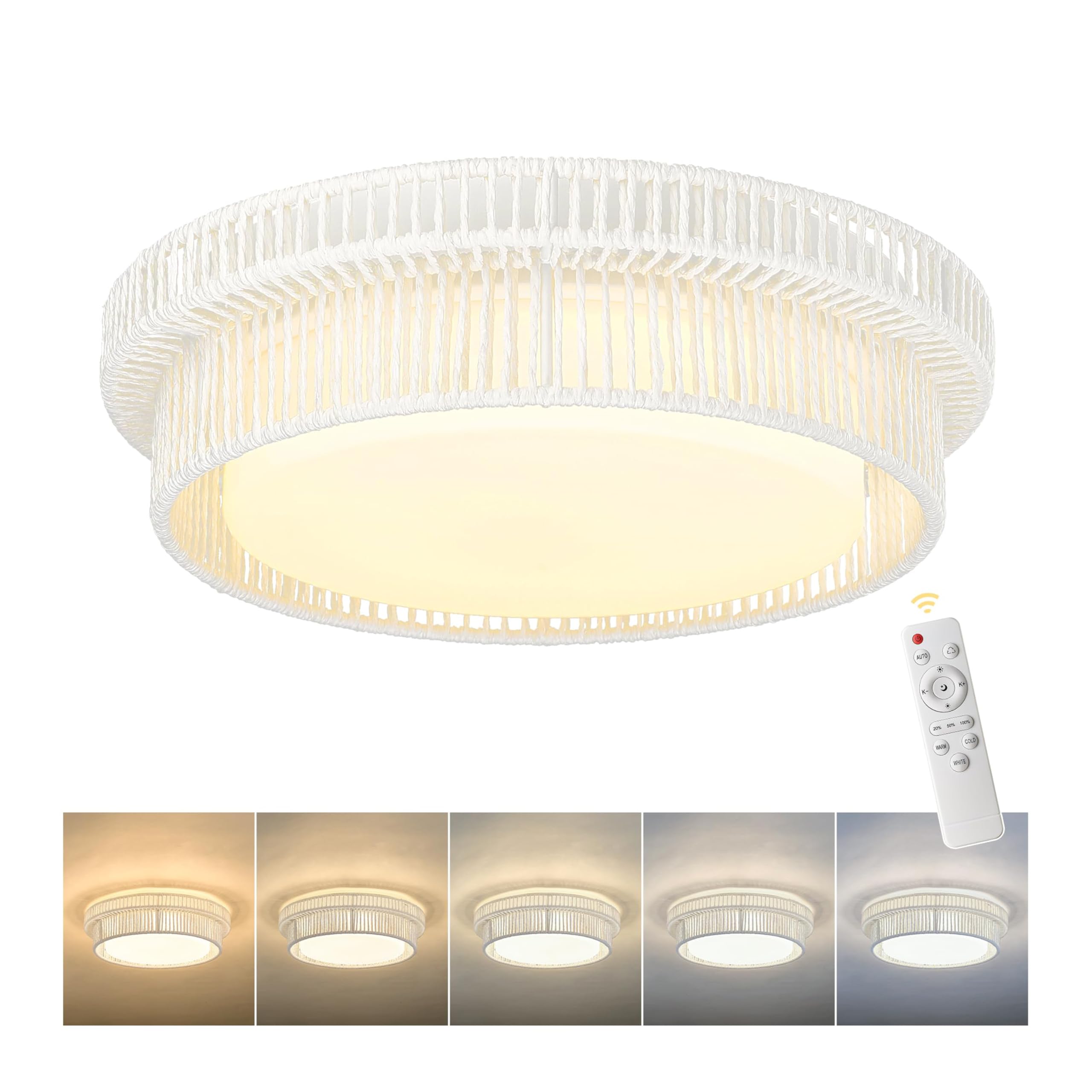 Photo 1 of Rattan Light Fixtures Ceiling Mount, HWH 15W LED Flush Mount Ceiling Light 13'' Boho Twine Light Fixtures Coastal Lighting Fixtures, White Finish, 5HYS78F-LED WH