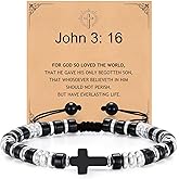 Christian Gifts for Men Beaded Bracelets - Adjustable Black Agate Beaded Cross Bracelets Handmade Beads Braided Rope Bracelet Easter Christmas Birthday Valentines Day Jewelry Gifts for Him Boyfriend