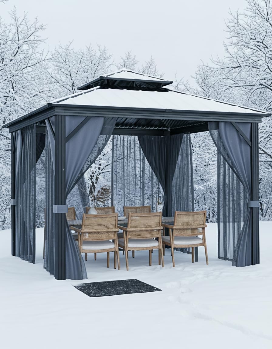 Photo 1 of ***FINAL SALE*** GarveeLife Hardtop Gazebo 8 ft x8 ft for All Weather, with Double Metal Roof, Aluminum Alloy Frame, Net, and Curtain, Permanent Building for Patio, Deck, Backyard, Lawn, and Garden