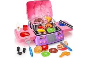 AUGTOY Kids BBQ Grill Playset Kitchen Toy Set with Pretend Smoke Sound Light Toddler Girls Pink Play Food Ages 2-4 3-5 4-8 Indoor Outdoor Cooking Barbecue Toys for 2 3 4 Year Old Girl Birthday Gift