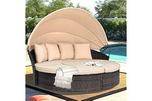 Crownland Patio Round Daybed with Retractable Canopy, Outdoor Wicker Rattan Furniture Sets, Sectional Cushioned Sofa Set, Rattan Conversation Sets (Brown)