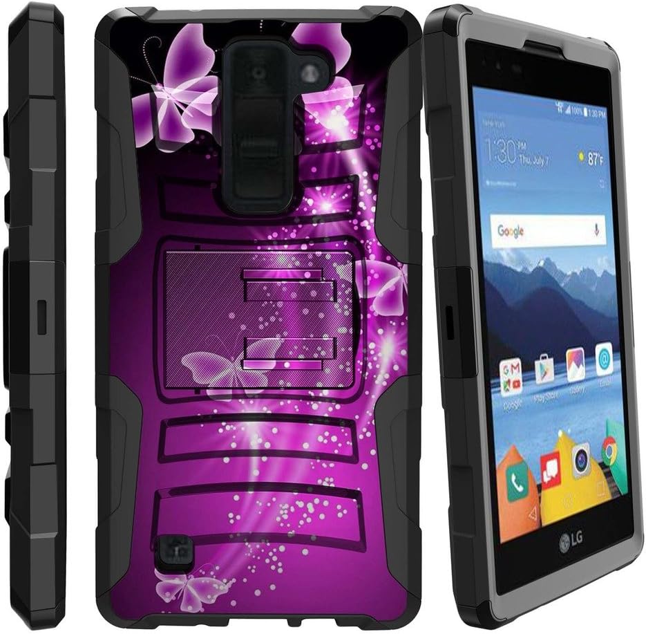 MINITURTLE Compatible with LG K8 V Case | K8V VS500 Holster Case [Clip Armor] [Holster][Stand] Rugged Swivel Armor Case Cover Dual Layer Shell Protector - Hot Purple Butterfly