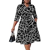 FANDEE Plus Size Midi Dress for Women - Printing Summer Dresses for Wedding Guest Cocktail Party 3/4 Sleeve V Neck（L-5XL）
