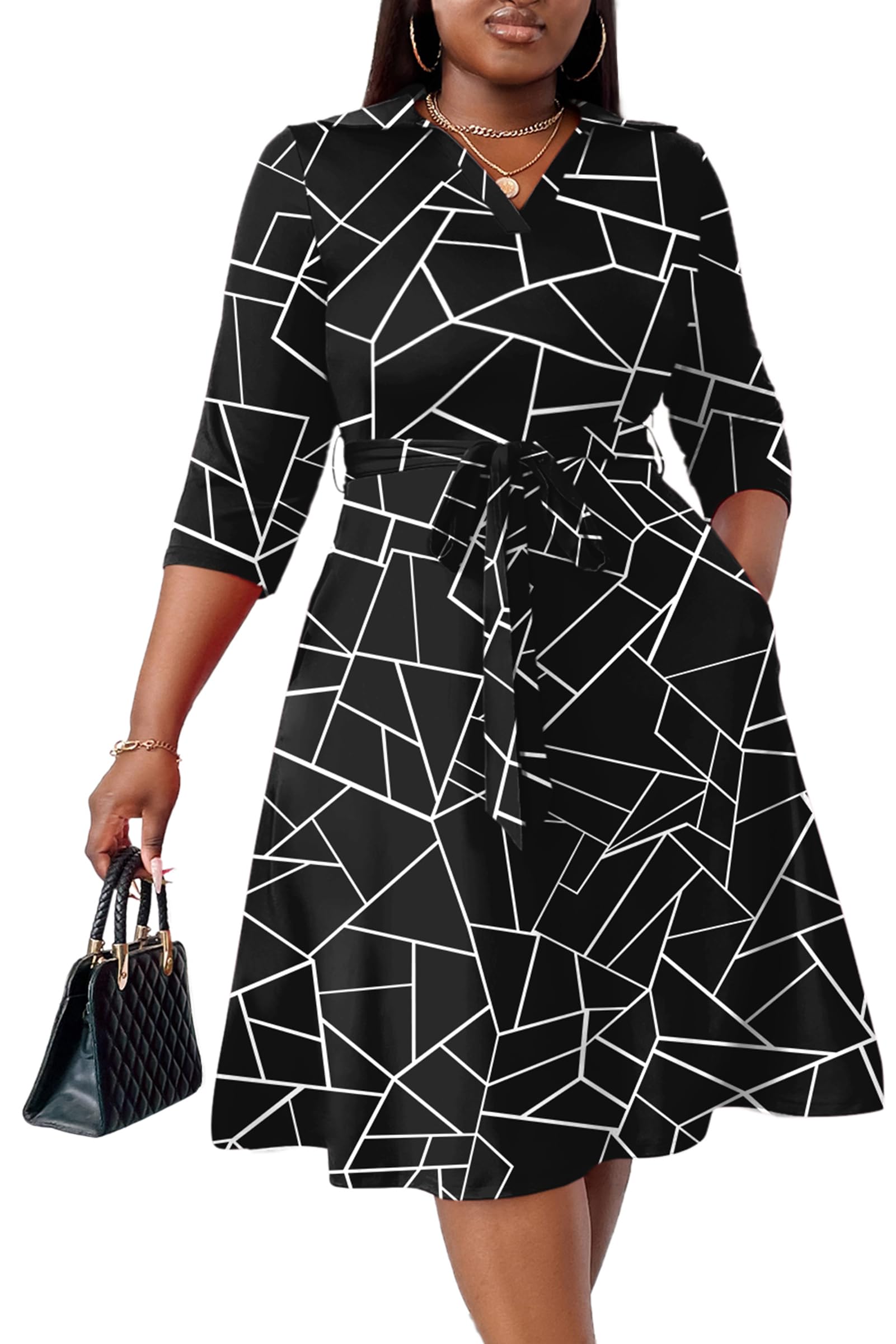 Photo 1 of FANDEE Plus Size Midi Dress for Women Casual Summer Sundress A Line Wedding Guest Cocktail Dresses V-Neck 3/4 Sleeve Black Print XL