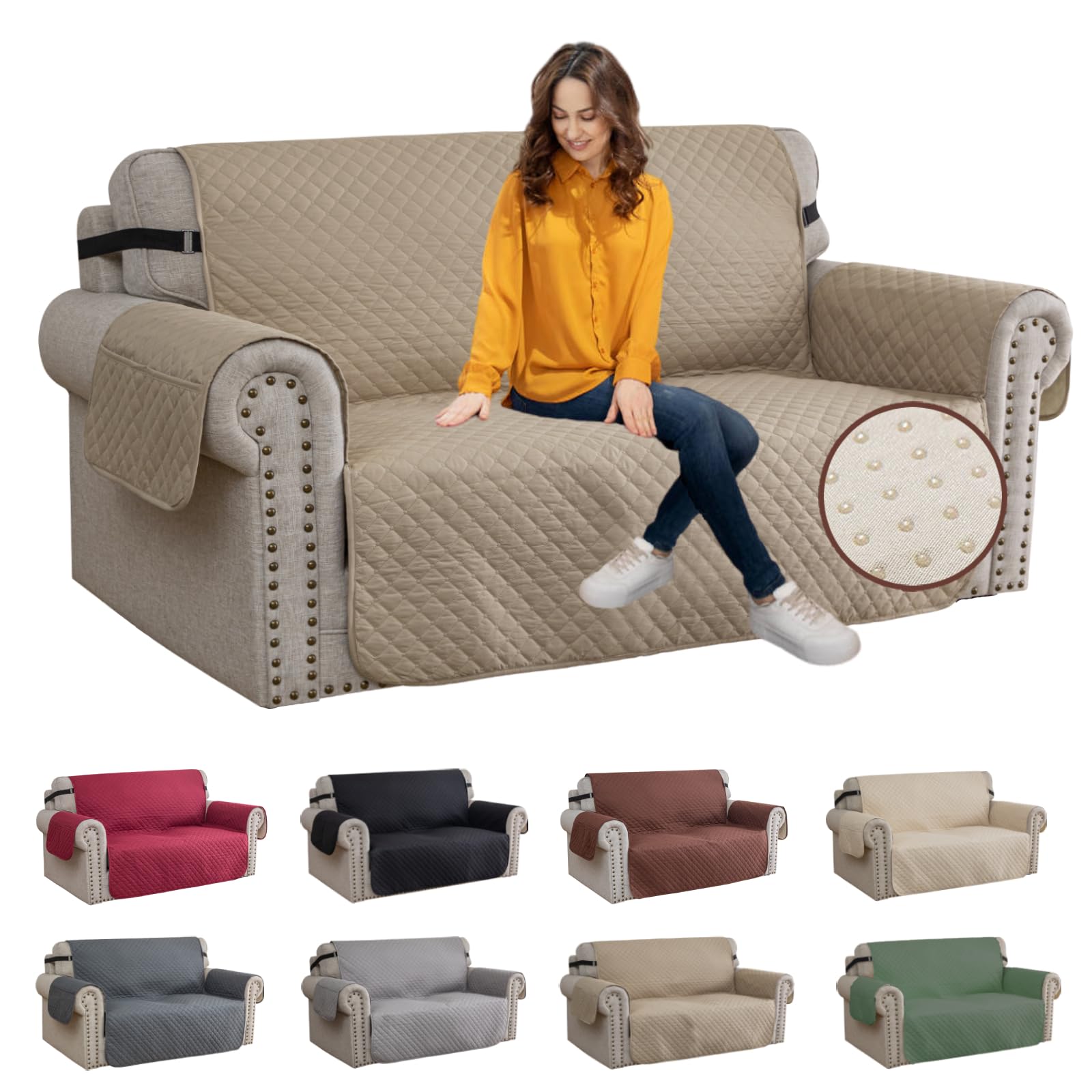 XINEAG Quilted Sofa Covers 2 Seater, Water Resistant Loveseat Covers Sofa Slipcovers with Pockets, Non Slip Sofa Cover for Dogs Pets, Washable Furniture Protector with Elastic Strap (Loveseat, Khaki)