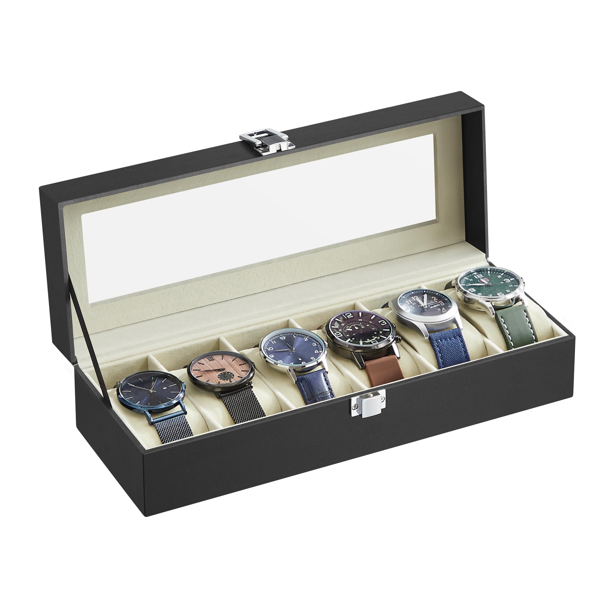 SONGMICS Watch Box with 6 Slots, Watch Box, Box, Glass Lid, Removable Pads, Metal Lock, Black Coating and Greenish Beige Lining JWB06BE