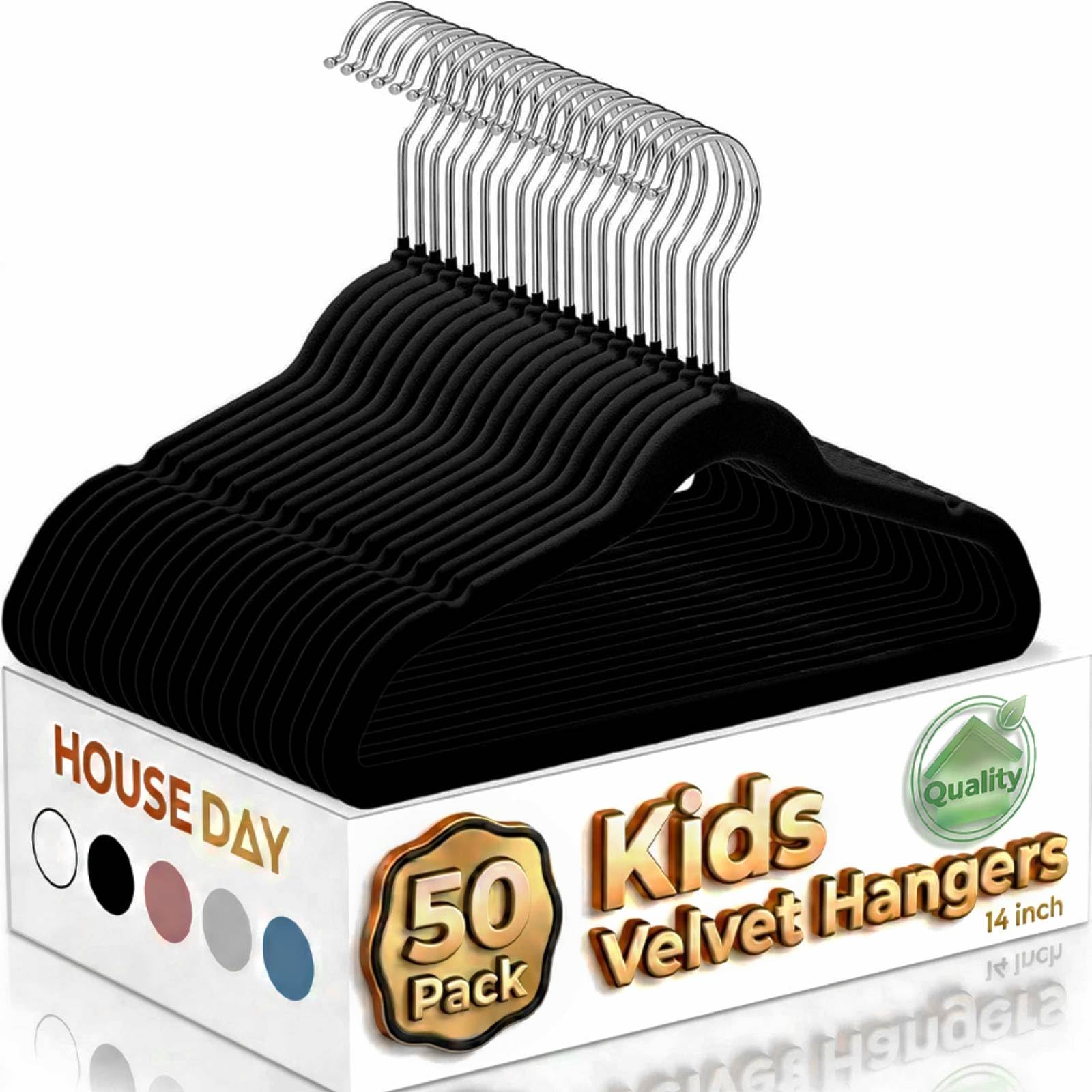 HOUSE DAY 14 Inch Kids Velvet Hangers 50 Pack, Durable Big Kid Hangers for Youth, Teen, Non Slip Kids Felt Hanger, Cute Childrens Hanger for Closet, Black