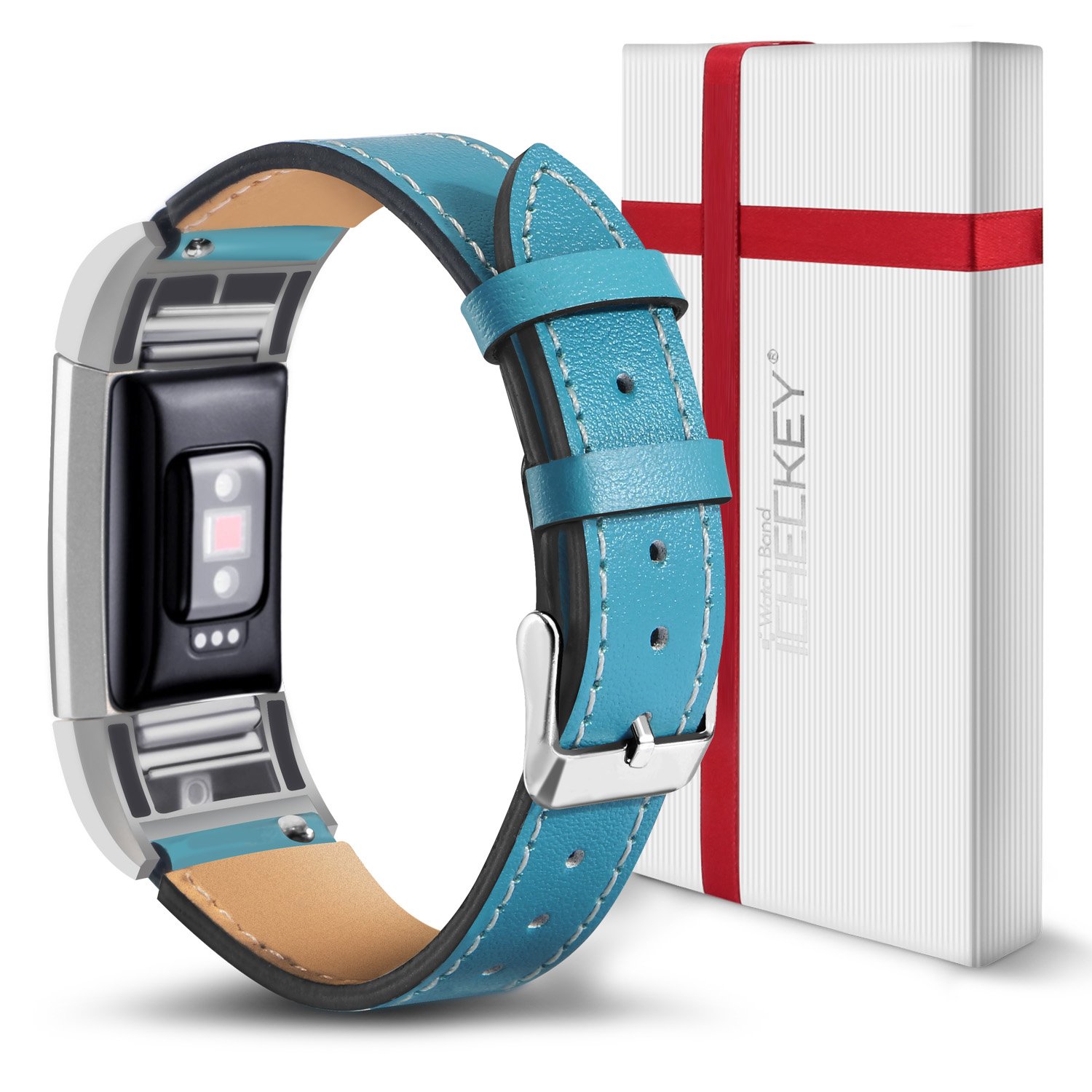 Fitbit Charge 2 Bands - Icheckey Genuine Leather Replacement Wristbands Include Gift Box for Fitbit Charge 2, Large Small Charge 2 Fitness Strap Blue
