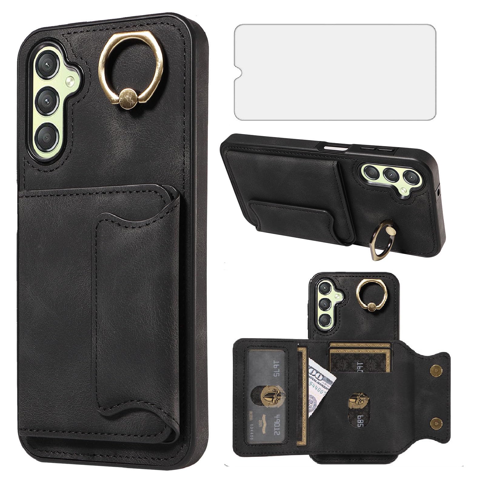 Photo 1 of Asuwish Phone Case for Samsung Galaxy A24 4G/5G Wallet Cover with Tempered Glass Screen Protector and Ring Stand Credit Card Holder Slot Leather Cell A 24 24A LTE Women Girls Black