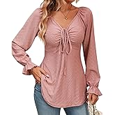 AMOMA Women Casual Tie Front Ruched Drawstring Long Sleeve Jacquard Shirt Elegant Flowy Tunic Tops(XL,Pink)