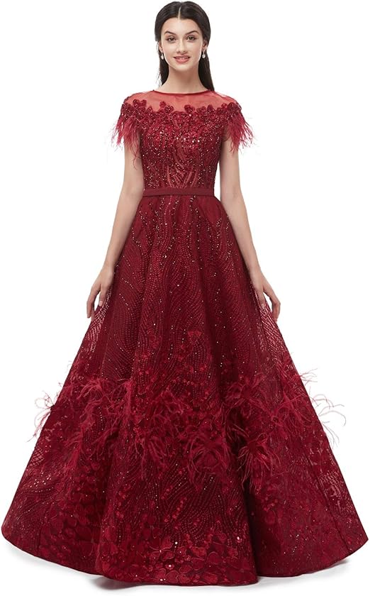 Leyidress Burgundy Evening Dresses Crystal Lace Prom Gowns Feather Cap Seelve Party