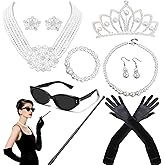 9pcs Hepburn Style Costume 1920s Accessories 20s Holly Golightly Pearl Necklace Earrings Gloves Vintage Sunglasses for Women Breakfast at T's Jewelry Set Halloween Wedding Flapper Party Cosplay