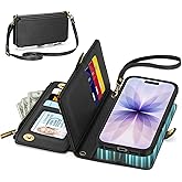 TUCCH Crossbody Detachable Wallet Case for iPhone 17 (6.3") 2025, 9 Card Slots RFID Blocking | Wireless Charging | Wrist Strap | Lanyard | Stand | Zipper Pocket | PU Leather Shockproof Cover | Black
