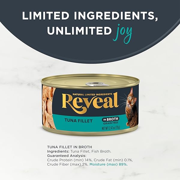 REVEAL NATURAL WET CAT FOOD, 24 COUNT, GRAIN FREE, LIMITED INGREDIENT CANNED FOOD FOR CATS, TUNA FILLET IN BROTH, 2.47 OZ CANS