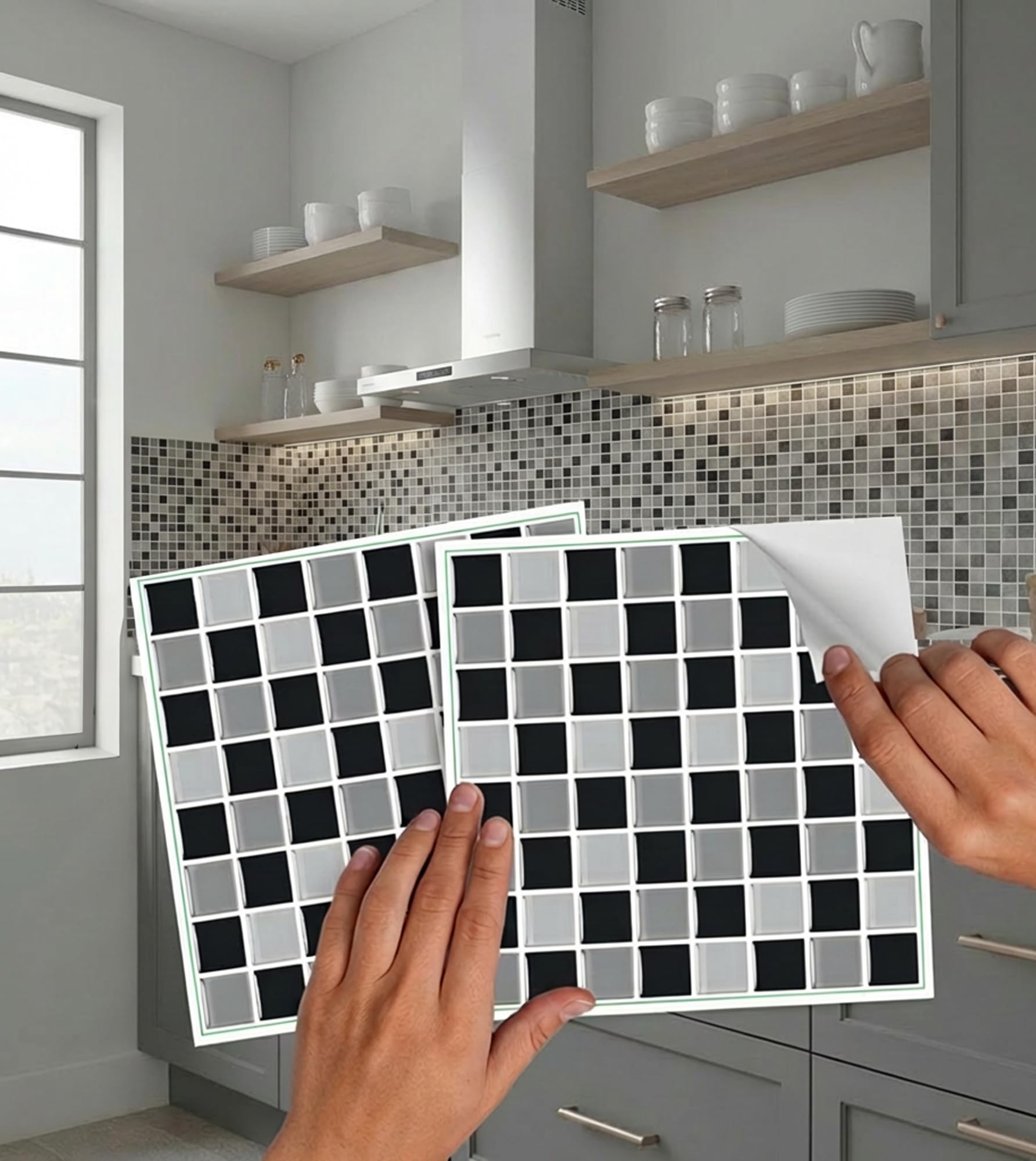 Pack of 20 Traditional Modern Art Tile transfers Stickers Peel and Stick backsplash Room Decor self Adhesive Oil Proof-Vintage Victorian Moroccan Black Cream Mosaic (Black and Grey g)