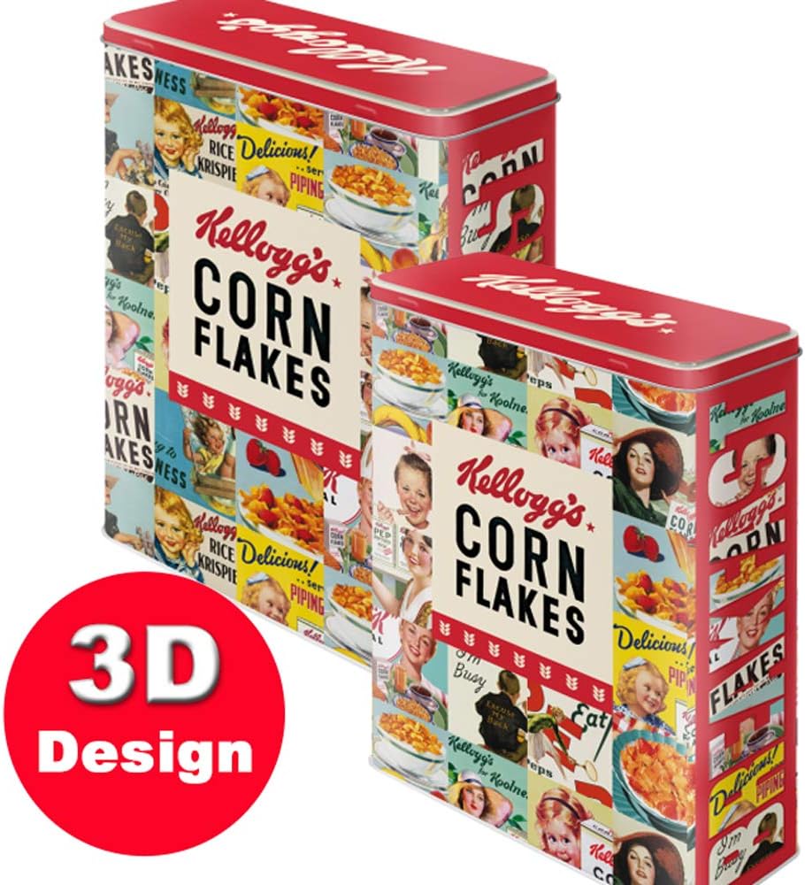 Sweet and Nostalgic Kelloggs Cornflakes Collage Large Embossed Storage Tin. 19cm long by 8cm depth by 26cm high.
