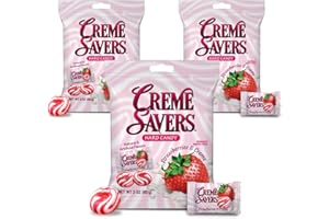 UNHA'S ASIAN SNACK BOX Creme Savers Classic Hard Candy, Old Fashioned Strawberry Crème 3 oz (Pack of 3), Value Pack Individually Wrapped Candies Treats for Kids Children College Students