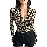 GORGLITTER Women's Leopard Print Workout Cropped Jacket Y2k Zip Up Cheetah Animal Lightweight Fitted Athletic Jackets