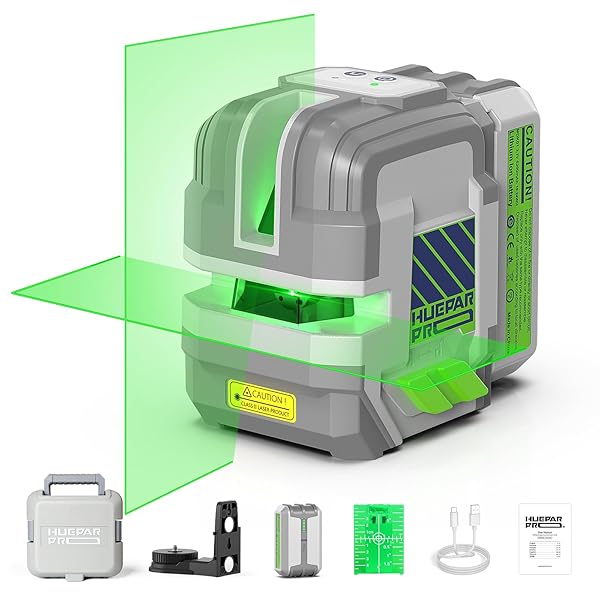 HUEPAR PRO LASER LEVEL RECHARGEABLE, SELF LEVELING GREEN CROSS LINE LASER LEVEL TOOL WITH OUTDOOR PULSE MODE, 18-HOUR LONG RUNTIME, 360° MAGNETIC BRACKET, FOR DIY, CONSTRUCTION, FLOOR TILES&DECORATION