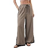 Lentta Womens Linen Wide Leg Pants Side Striped Palazzo Pants Beach Pants with Pockets Lounge Vacation Outfits