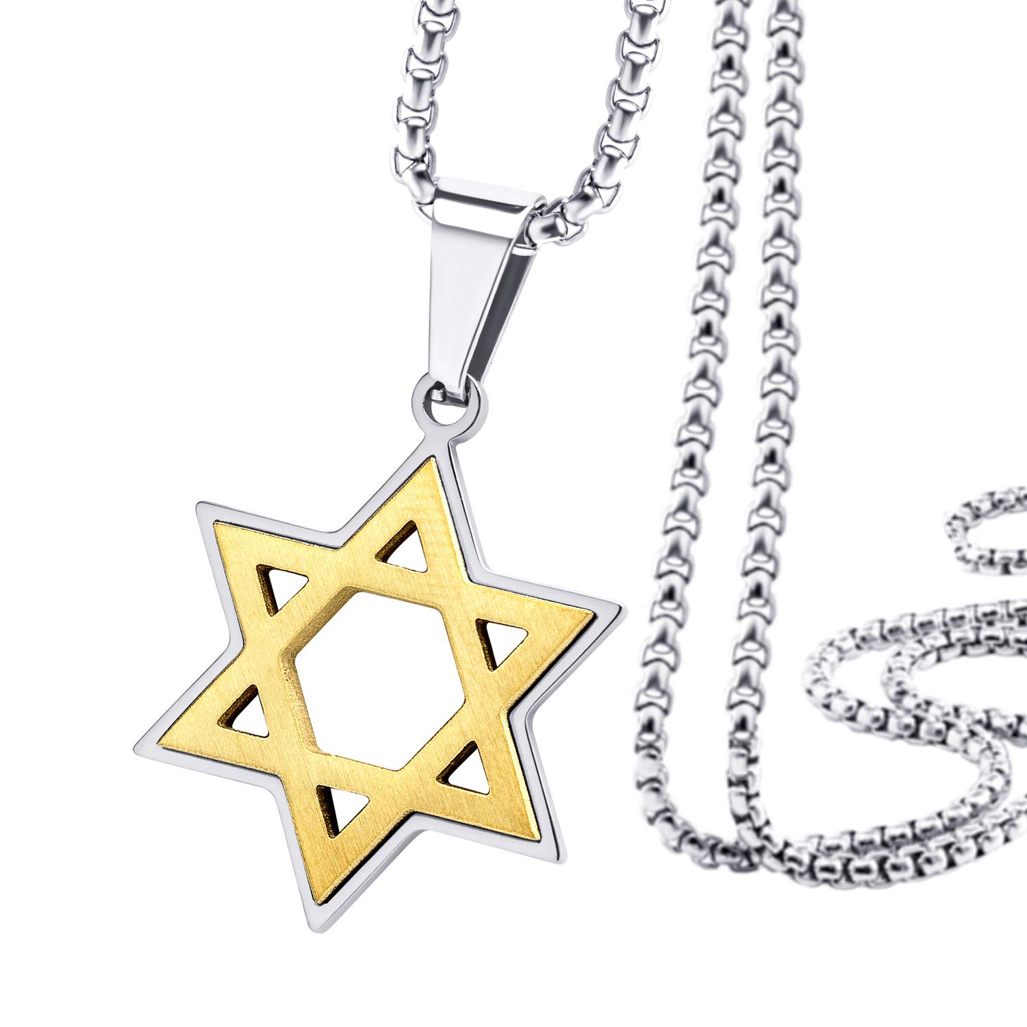 555Jewelry Stainless Steel Star of David Necklace for Men, Box Chain Star Of David Necklace for Women, Small Jewish Star Necklace, Mens Jewish Star Necklace, 18 Inch, Silver & Gold