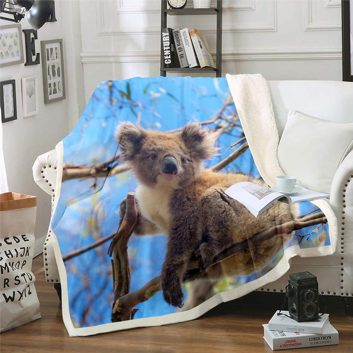 Loussiesd Koala Sherpa Blanket 3D Koala Print Fleece Throw Blanket for Kids Boys Girls Cute Animal Pattern Plush Blanket Tree Branches Nature Fuzzy Blanket for Sofa Bed Couch Double 60x79 Inch