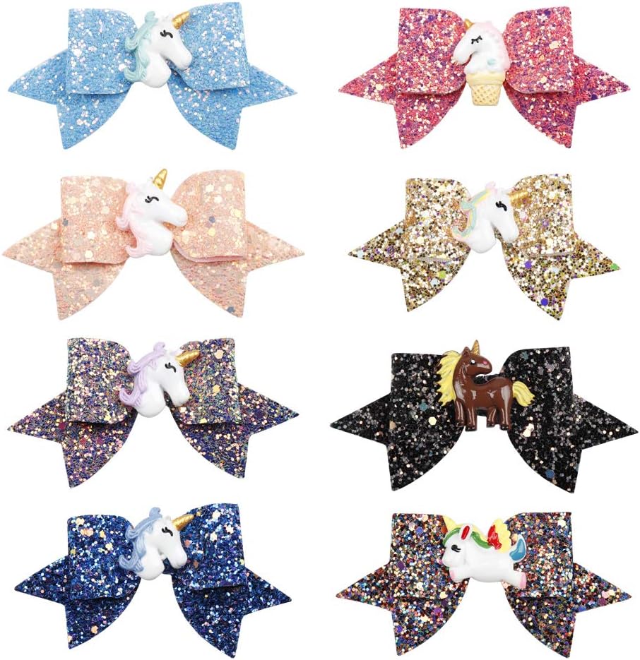 Glitter Unicorn Hair Bows For Girls Boutique 3in Hair Bows Alligator Clips For Girls Children Gift Set Of 8 (Hair Clip-5)