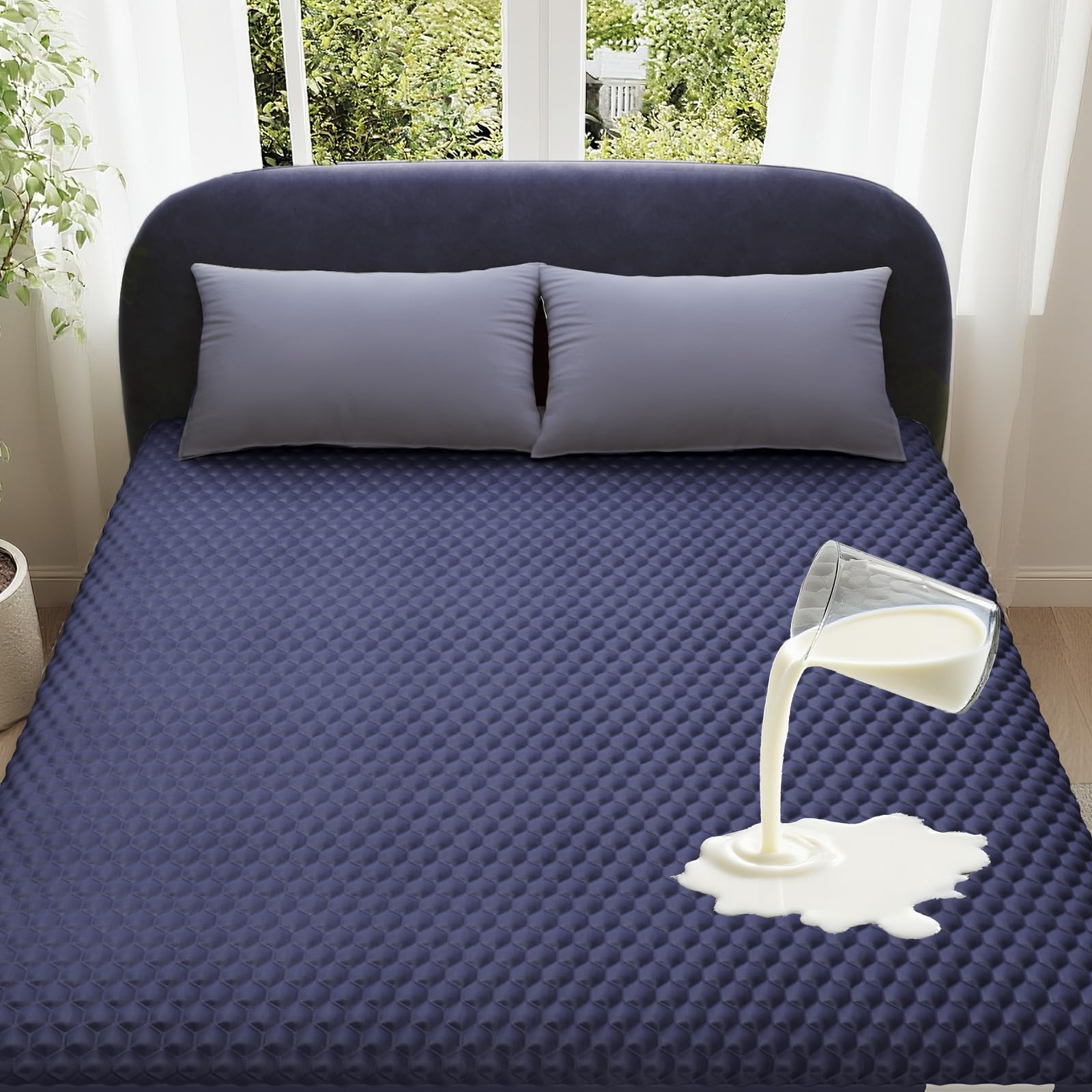 OhGeni 100% Waterproof Mattress Protector, King-Navy Blue Size Mattress Pad, Fits 6"-20" Mattresses with Deep Pocket, Cooling, Breathable Fitted Sheets, Soft Bed Cover, Noiseless, Machine Washable Image