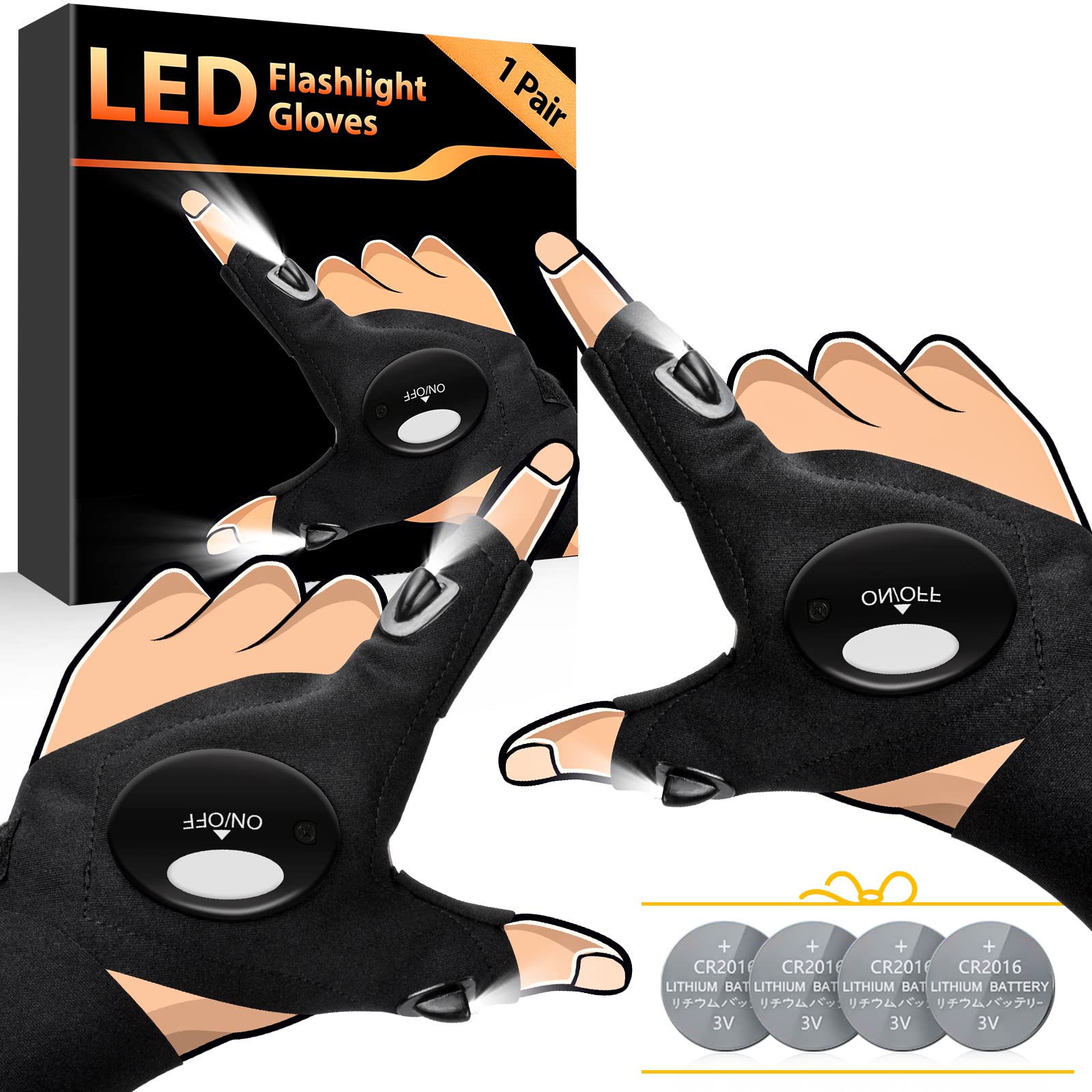 HANPURE LED Flashlight Gloves Stocking Stuffers for Adults Men Christmas Birthday Gift Idea for Dad Husband Him Boyfriend (1 Pack(with Replaceable Batteries))