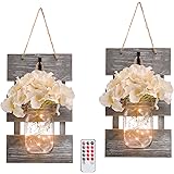 HOMKO Mason Jar Wall Decor with 6-Hour Timer LED Lights and Flowers - Rustic Home Decor (Set of 2)