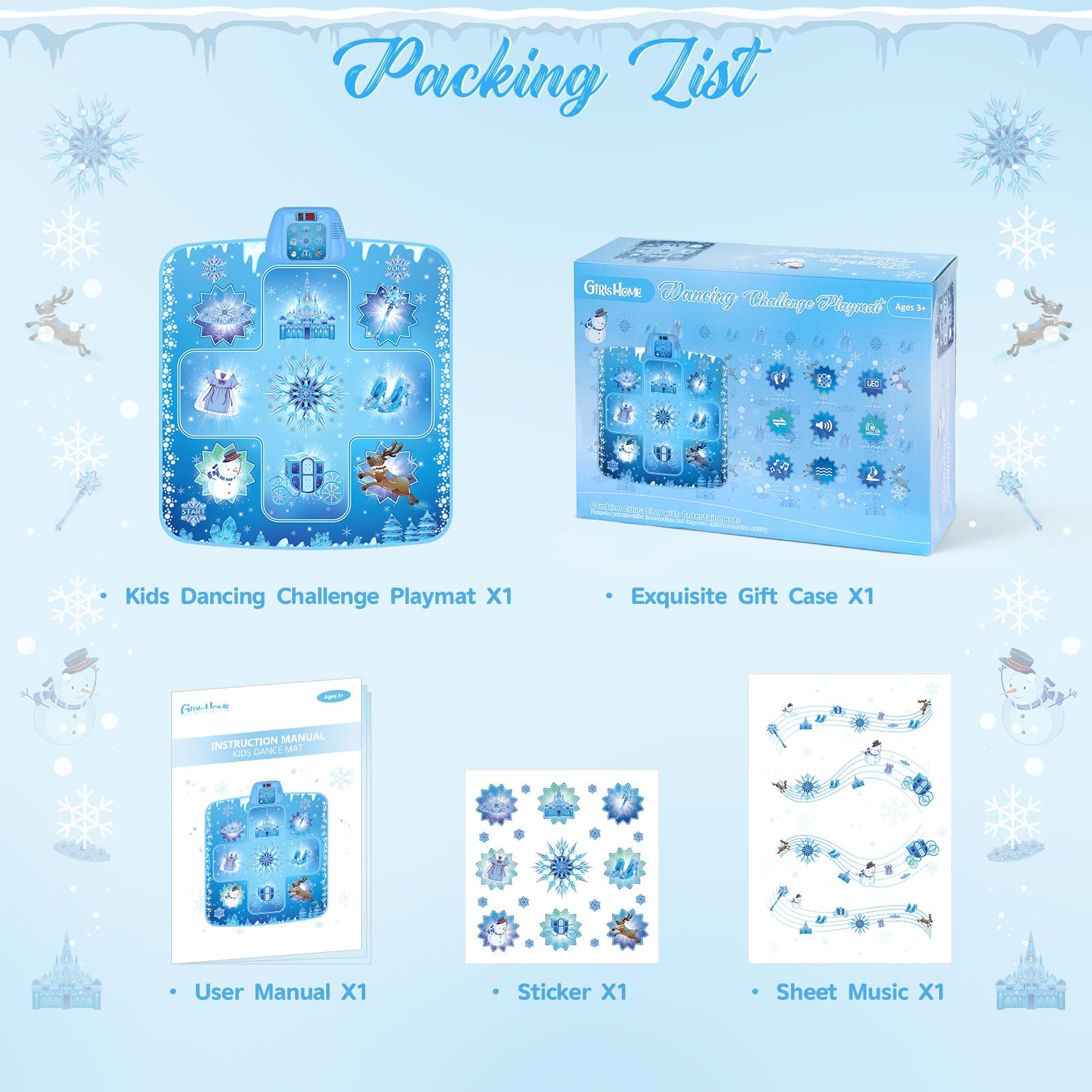 GirlsHome Dance Mat - Frozen Toys for Girls Electronic Dance Pad with 5 Game Modes, Built-in Music, Touch Sensitive Light Up LED Kids Musical Mat, Christmas & Birthday Gift for Girls 3-13