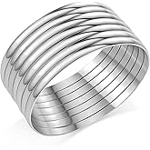 Castillna Glossy Plain Stainless Steel Bangle Bracelets Set for Women, Silver, Set of 7 Pieces